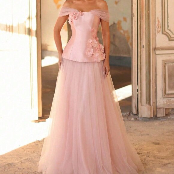 Pink Elegant Women's Satin Mesh Patchwork 3D Floral A-Line Evening Gown - Picture 4 of 6